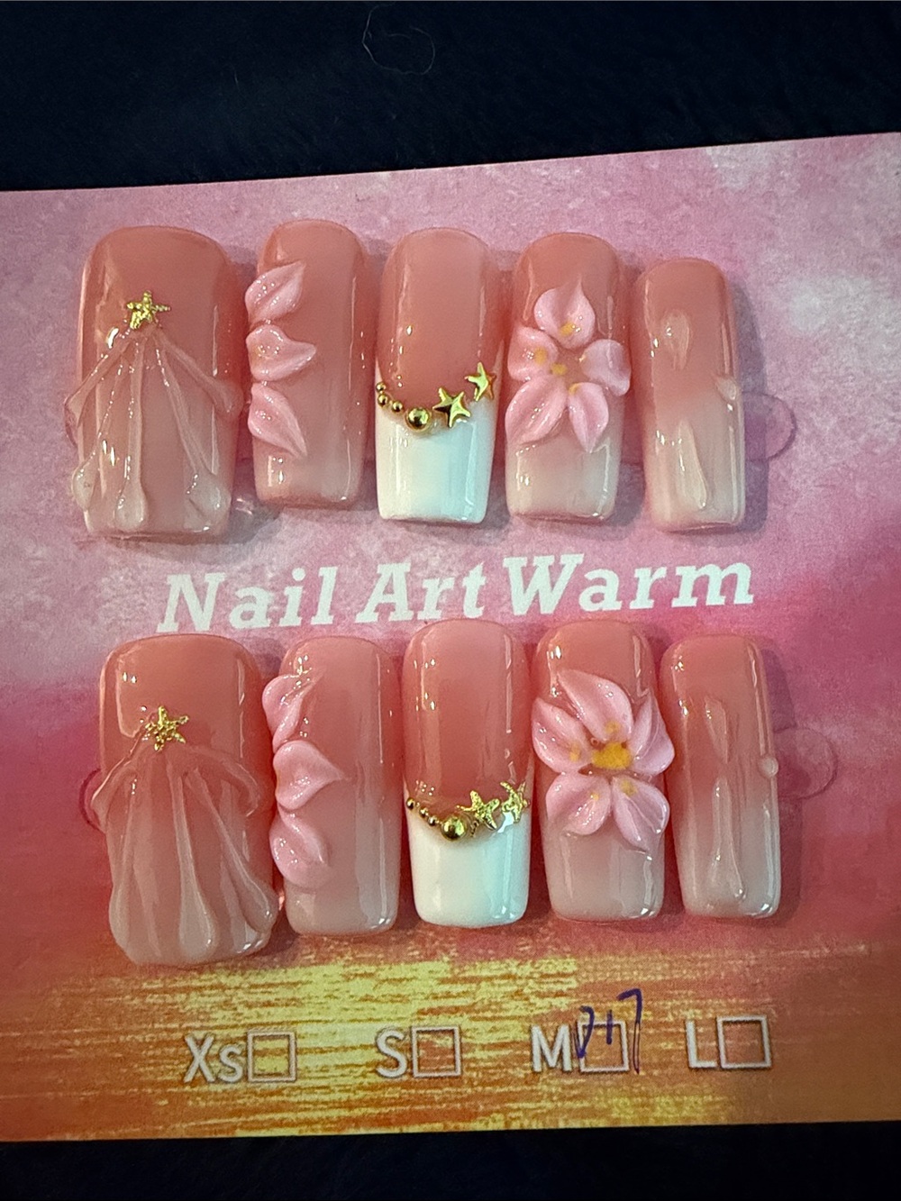 Nude Pink Floral 3D handmade acrylic Press-On Nails with Gold Accents